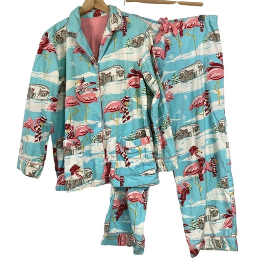 Nick‎ & Nora Pajama Set Womens Medium Flamingo Airstream Holiday Winter Sleep
